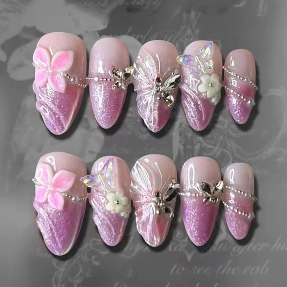 Press on Nails BUNLVDI - Punta francesa morada con diseño 3D (24 unidades)