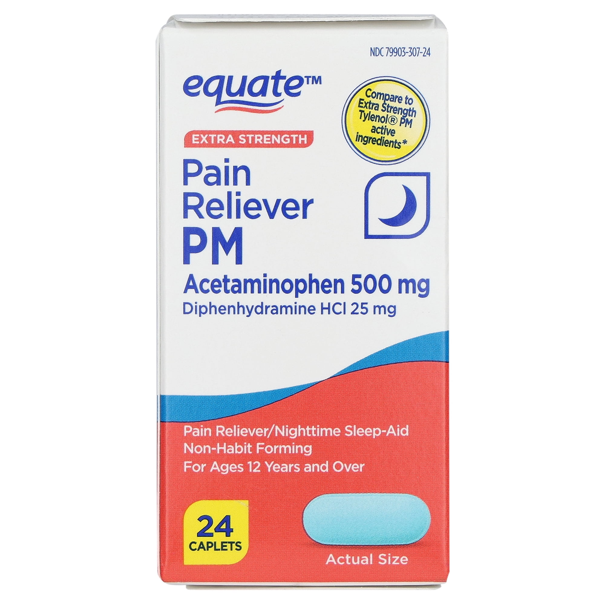 Equate Extra Strength Pain Reliever PM Acetaminophen Caplets, 500 mg, 24 Count