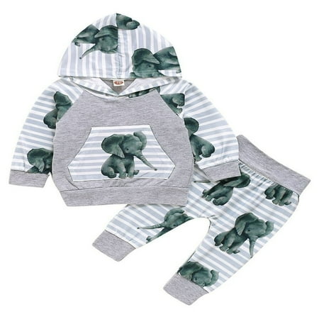 

FNNMNNR Newborn Baby Boy Elephant Print Stripes Hooded Long Sleeves Pullovers Pants Gray 6-12 Months