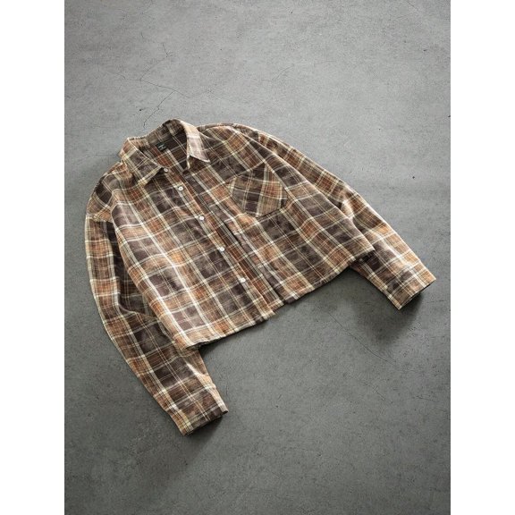 Men's Plaid Long Sleeve Button-Up Shirt, Casual Crop Flannel Top