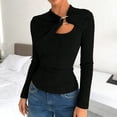 thumbnail image 5 of Womens Tops Summer Casual Tshirts Soft Asymmetrical Draped Long Sleeve Blouse with Cutout Detail and Metallic Buttons for Plus Size Fall Winter, 5 of 5