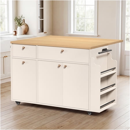 JERFIT White Kitchen Island Cart on Wheels with Drop Leaf Storage Drawers Spice Rack and Towel Bar Mobile Kitchen Cabinet with Extendable Countertop for Small Space