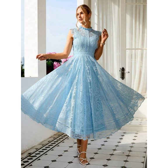 Blue Vintage Lace A-Line Midi Dress With High Neck And Cap Sleeves For Wedding Party Graduation
