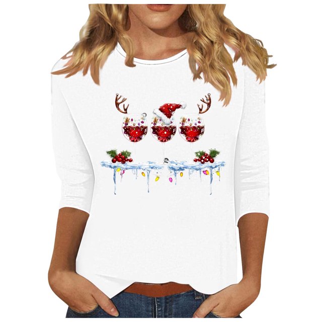 RKSTN Sweat-Shirt pour Femmes Mode Imprimé Décontracté Col Rond Pull Manches 3/4 Haut Chandail en Molleton de Noël