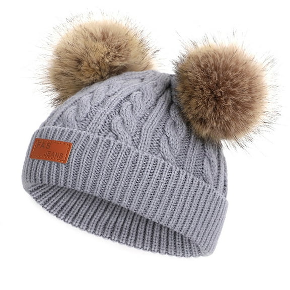 Tao Tao Kids Winter Pompom Warm Hat Knitted Ski Beanie Hat Double Pom Beanie Cap For Girls Boys Gray