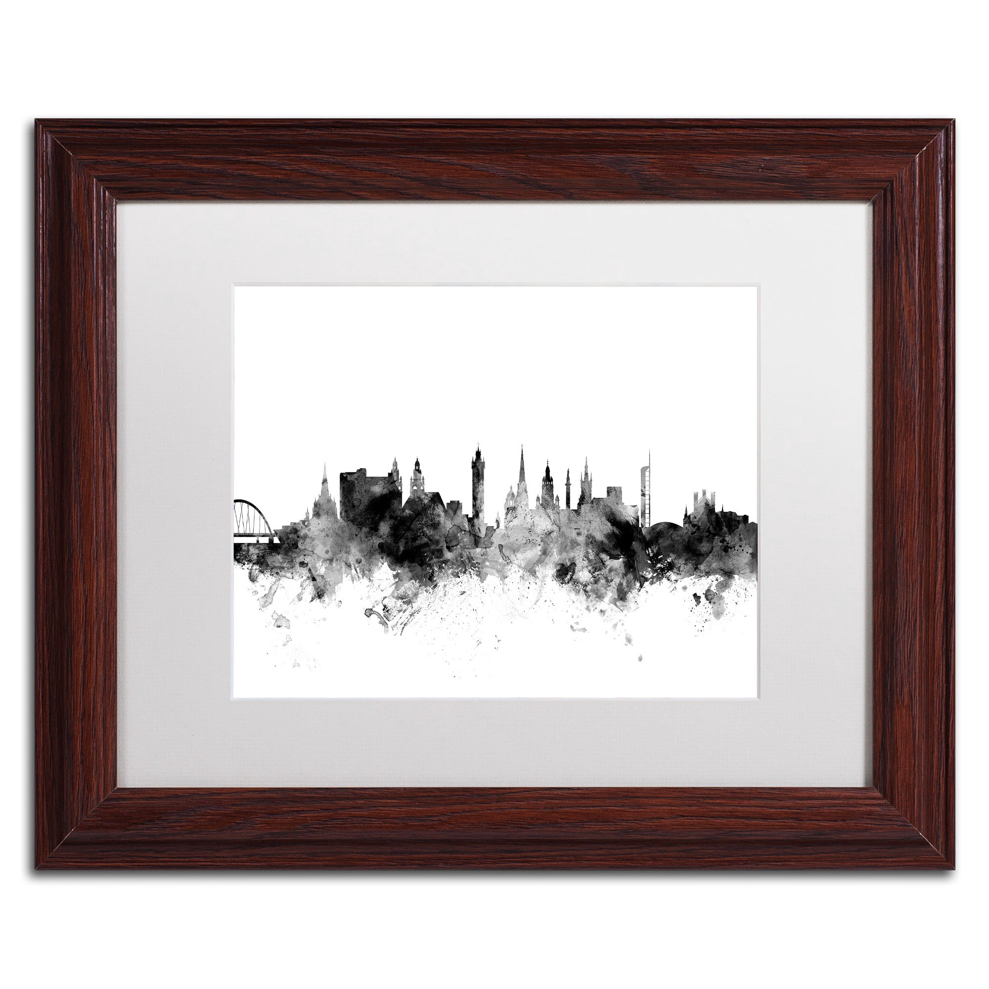 Trademark Fine Art "Glasgow Scotland Skyline B&W" Canvas Art by Michael Tompsett, White Matte, Wood Frame