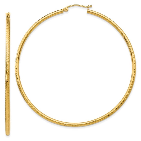 14k Yellow Gold Sparkle-Cut 2mm Round Tube Hoop Earrings - 3.2 Grams - Measures 56x56mm