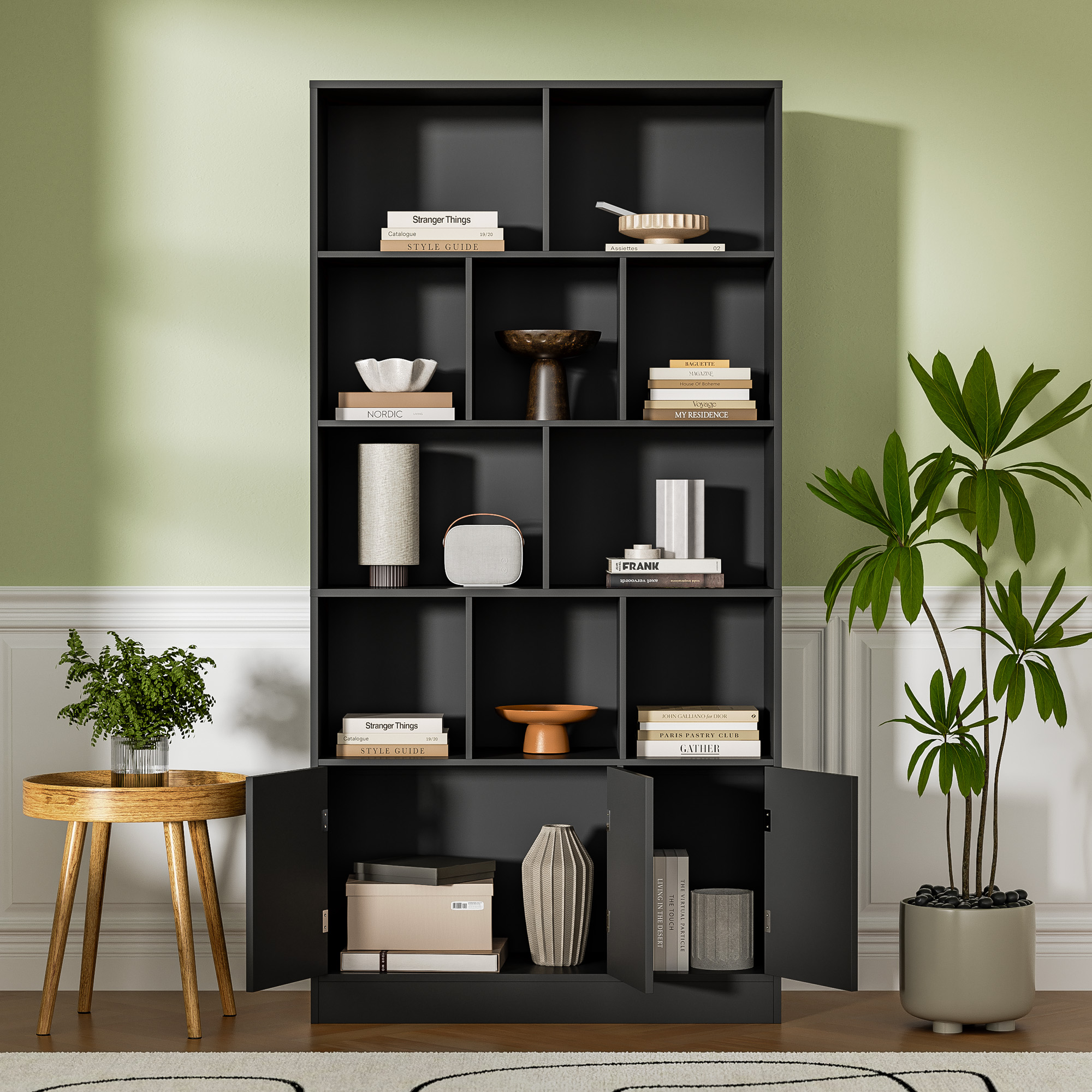 4-Tier Tall Bookshelf with 3 Doors, 71" Open Shelf Bookcase with 10 Cubes, Modern Cube Storage Organizer for Living Room, and Office, Black