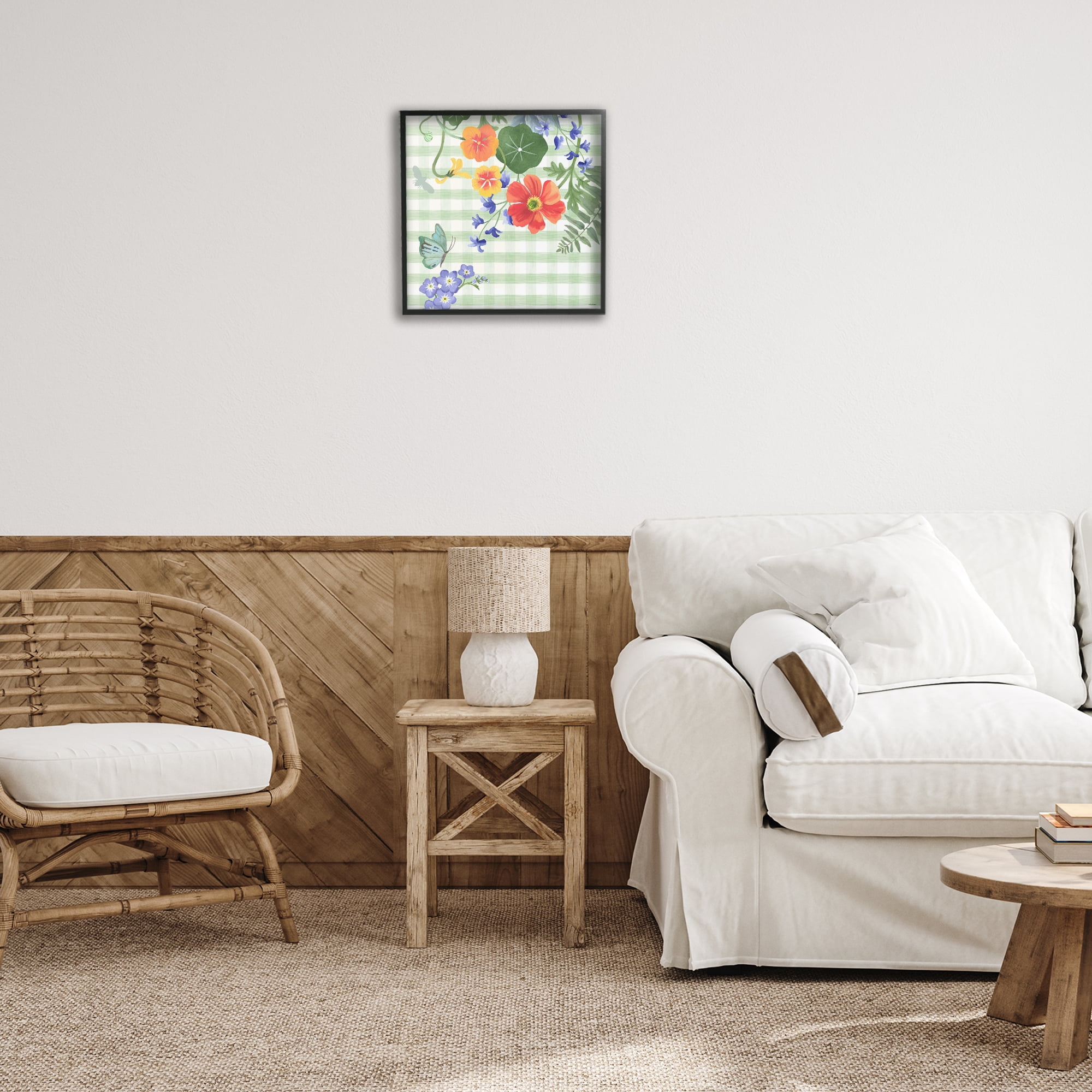 Stupell Industries Green Gingham & Poppies Botanical & Floral Painting Black Framed Art Print Wall Art, 17 x 17