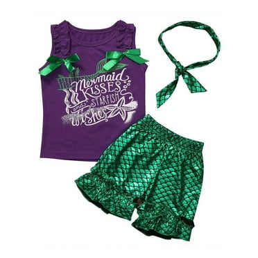 3PCS Toddler Girls Mermaid Tank Tops,Shorts,Headband Outfits Set Kids Cloths