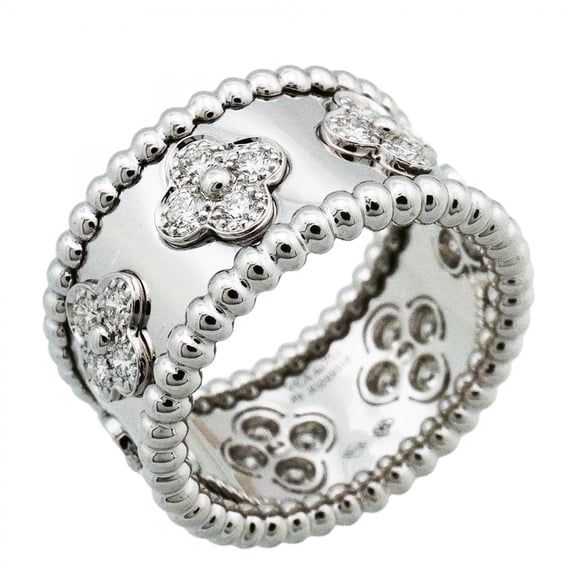 Pre-Owned Van Cleef & Arpels Perlee Clover Ring, 18K White Gold with Diamonds, Size 49, Women's