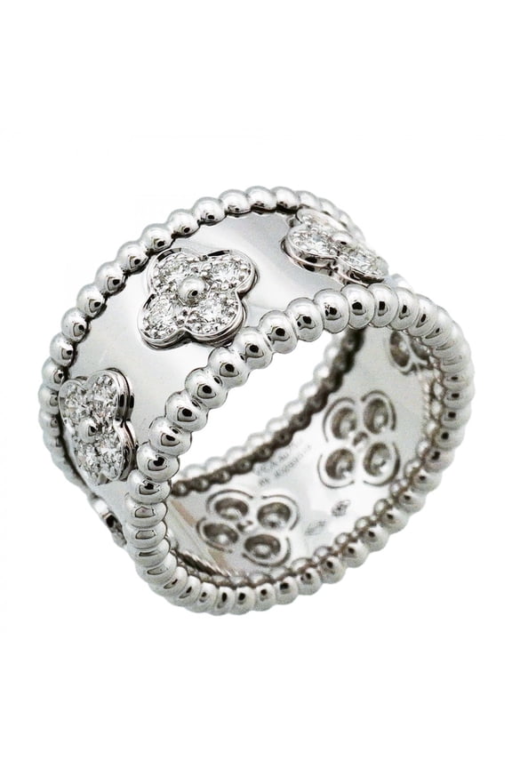 Pre-Owned Van Cleef & Arpels Perlee Clover Ring, 18K White Gold with Diamonds, Size 49, Women's