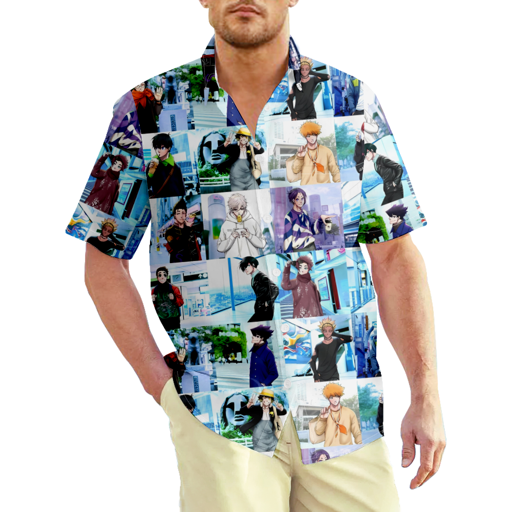 Blue Lock Characters Graphic T-Shirts for Men,Blue Lock Short Sleeve  Printed Regular Fit Summer Beach Casual Button Down Hawaiian Shirts 