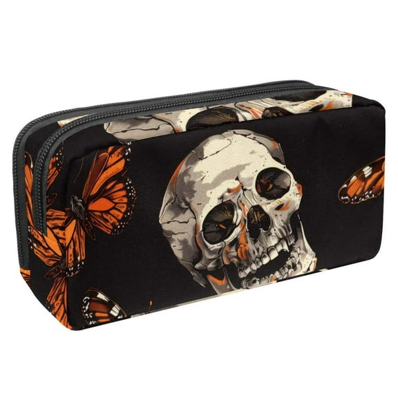 MUOOUM Pencil Case, Orange Butterfly Skull Patterns Large Capacity Pencil Pouch Stationery Pen Bag