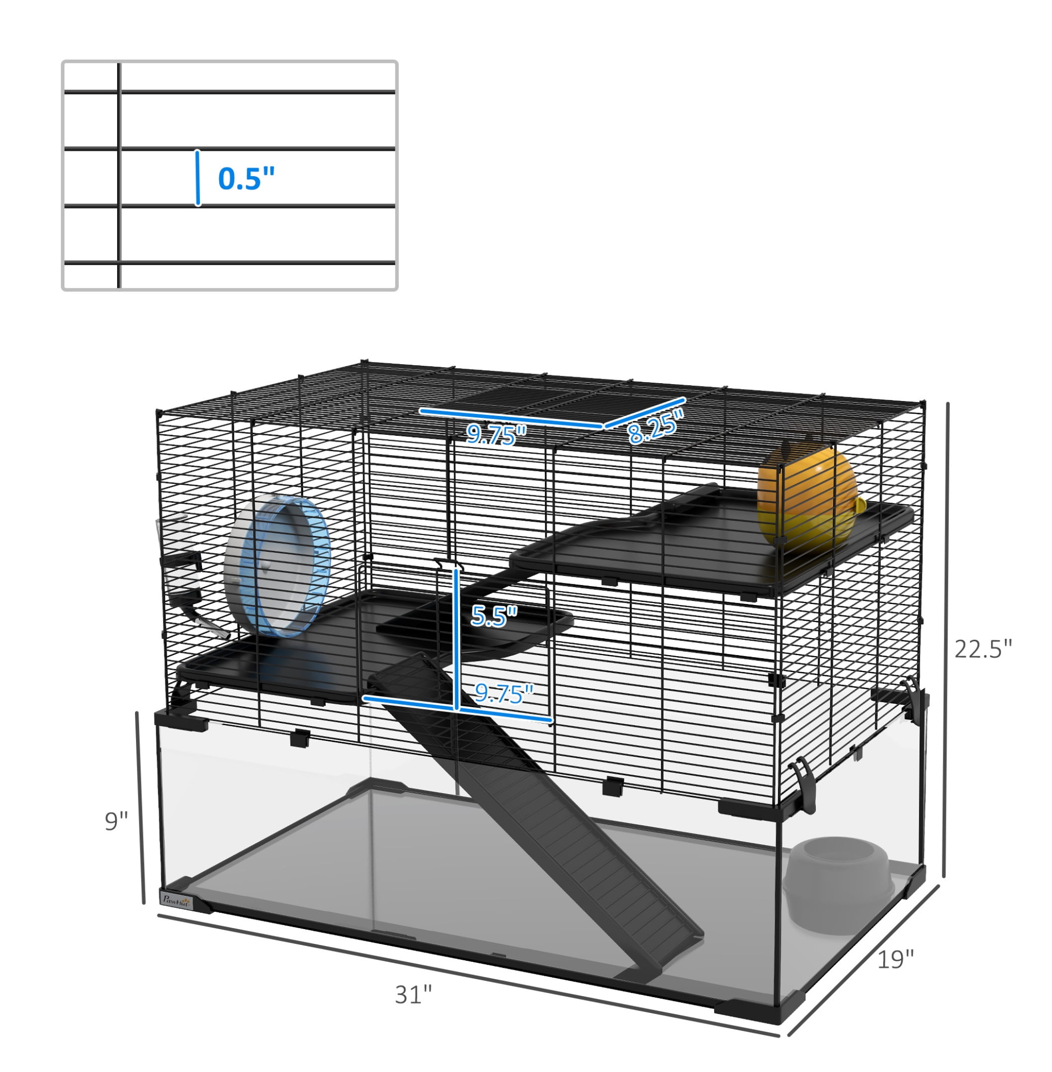 PawHut Hamster Cage, 31" Gerbil Cage with Glass Basin, Ramps, Platforms, Hut, Exercise Wheel, for Small Hamsters, Black