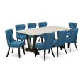 thumbnail image 2 of East West Furniture 9-Piece Dinette Room Set- 8 Parson dining room chairs with Blue Linen Fabric Seat and Button Tufted Chair Back - Rectangular Table top & Wooden Legs - Linen White and Black Finish, 2 of 10