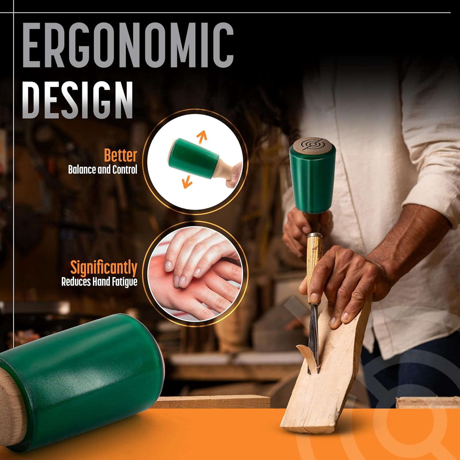 Schaaf Tools Wood Carving Mallet, 15 oz Woodworking Mallet with Ergonomic Wooden Handle and Non-Marring Urethane Head