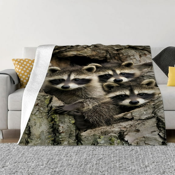 Contemporary Raccoon Print Flannel Throw Blanket, Soft Cozy, All-Season Multipurpose Knitted Polyester Throw, Digital Print, with Ideal for Bedroom, Sofa, Travel, Home Decor, for Perfect Gift