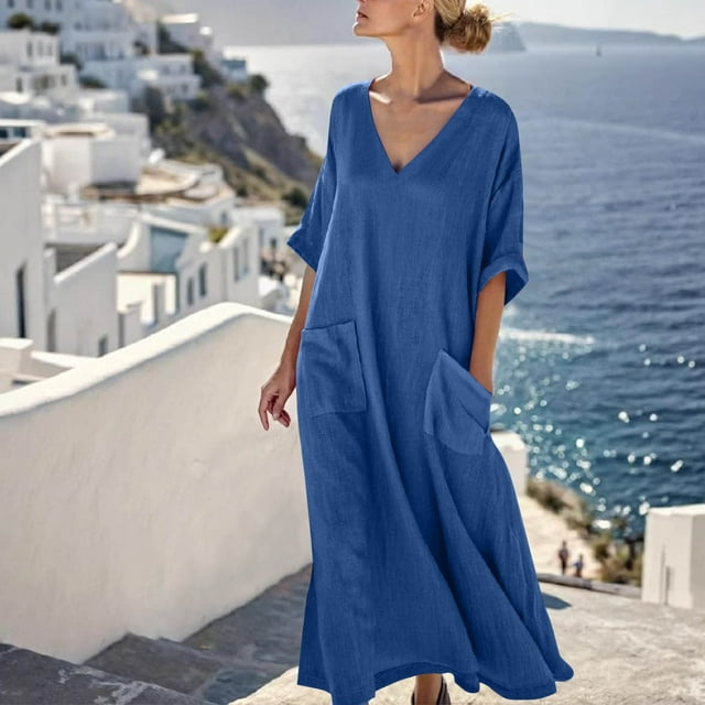 Ndbuld Robe d'Été Bohème pour Filles Robe de Soleil Mode Décontractée pour Femmes Col en V Couleur Unie Manches 3/4 avec Poches Robe Longue Liquidation à Moins de 5$