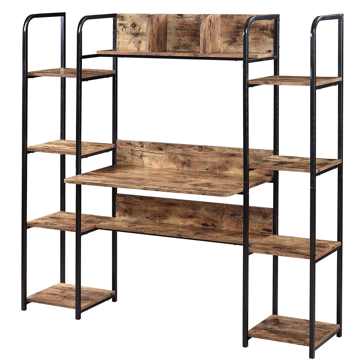 Kepooman Modern Metal Computer Desk with Storage Hutch & Double Bookcase for Home Office, 63"L x 19.9"W x 59.4"H, Brown Kepooman Modern Metal Computer Desk with Storage Hutch & Double Bookcase for Home Office, 63"L x 19.9"W x 59.4"H, Brown