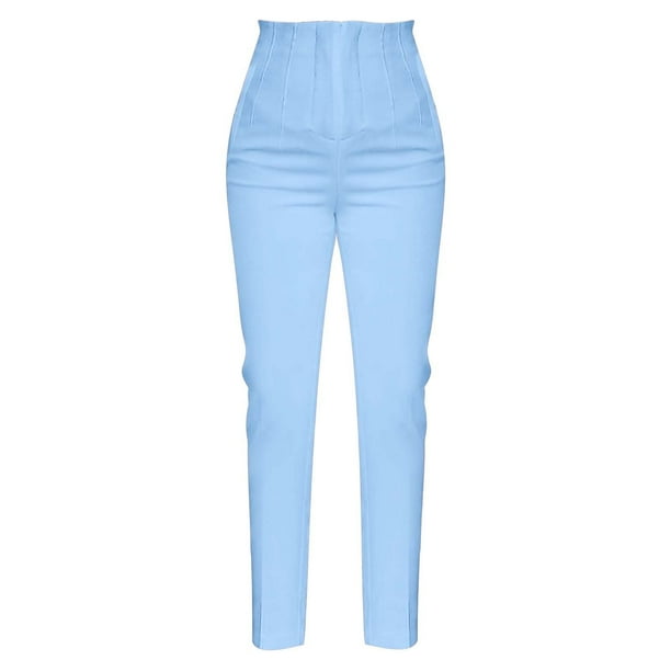 Pantalones de vestir Prolriy para mujer, tallas grandes, cintura alta, elásticos, para trabajo, informales, rectos, de negocios, con bolsillo, color azul, talla L