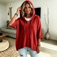 thumbnail image 6 of women's sweaters Lightweight Lace Up Knit Summer Sweater Relaxed Loose Fit 3/4 Batwing Sleeve Hooded Pullover Casual Vacation Lounge Womens Tops, 6 of 6