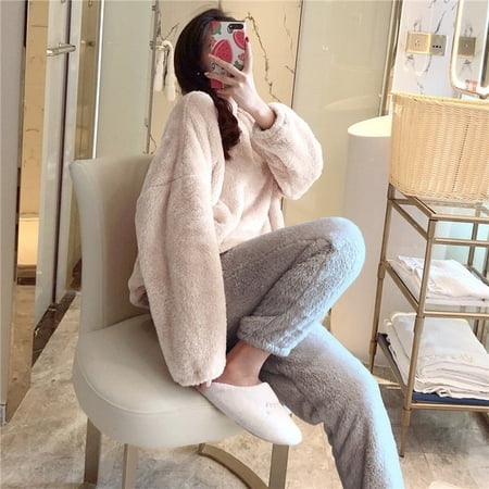 

CoCopeaunt Solid Pajama Sets Women Loose O-neck Tops Bundle Pants Sweet Girls Flannel Thicker Cozy Winter Sleepwear Females Fashion Lounge