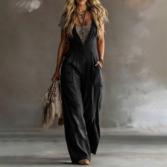 IUYRTFE Women's Sleeveless V-Neck Loose Fit Jumpsuit with Two Side Pockets Casual Wide Leg One Piece Romper