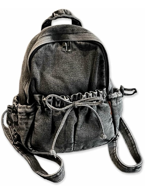 Vintage Washed Denim Mini Backpack for Women Casual Canvas Bow Style Small Daypack for Travel and Daily Commute (Light Blue)
