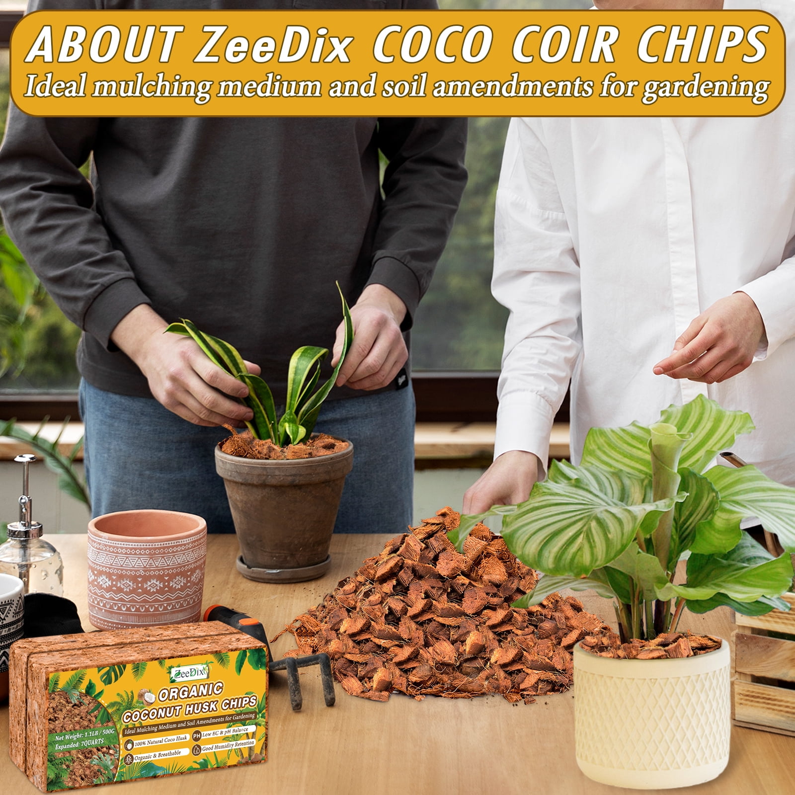 ZeeDix 2 Pcs Coco Coir Chips, Coco Chips Bricks Growing Medium for Plants, Low EC, pH Balanced, 100% Organic Compressed Coconut Fiber Husk Substrate for Plants, Flowers and Herbs (1.1LB/Pcs)