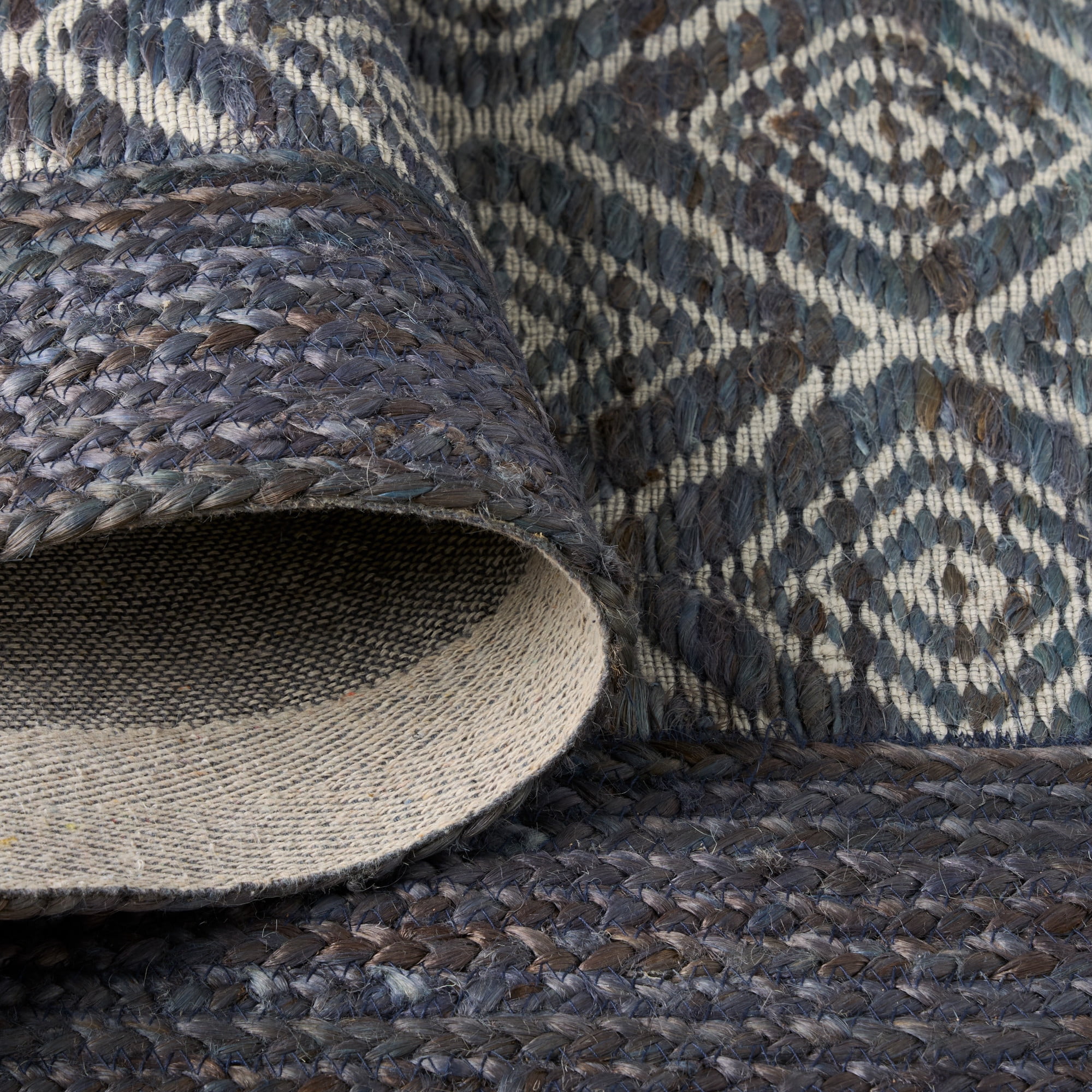 TOWN & COUNTRY TERRA Nalani Textured Diamond Hand-Knotted Flatwoven 100% Natural Jute Area Rug, Midnight Blue, 3'x5'