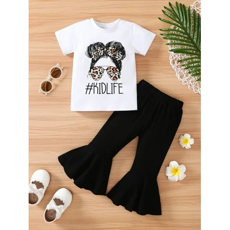 

GEDER-F Girls Leopard Print Crew Neck Tee + Matching Solid Flared Pants Set Kids Clothes