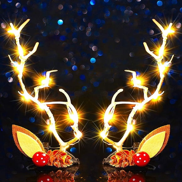 Jeairts-Pinzas para el cabello navideñas con luz, tocado con astas de reno brillantes, pasadores para el cabello, accesorios navideños para el cabello Led para mujer