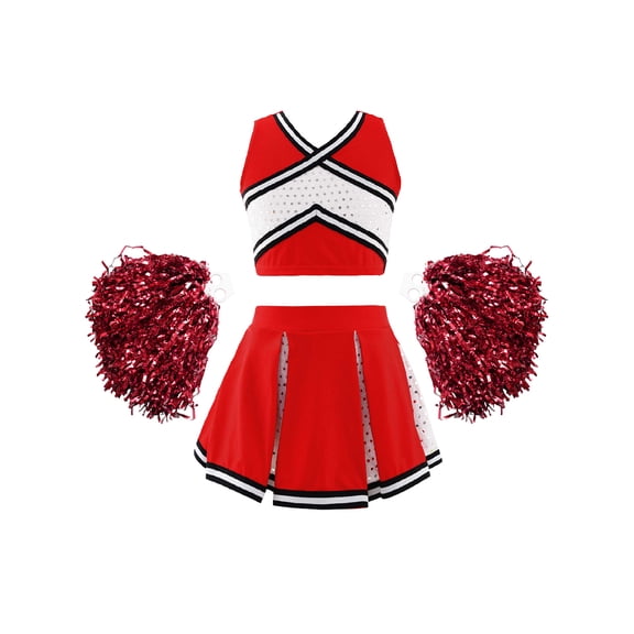 Linjinx Girls Cheer Leader Cheerleading Uniform Festival Birthday Party Outfit V Neck Top Red 14