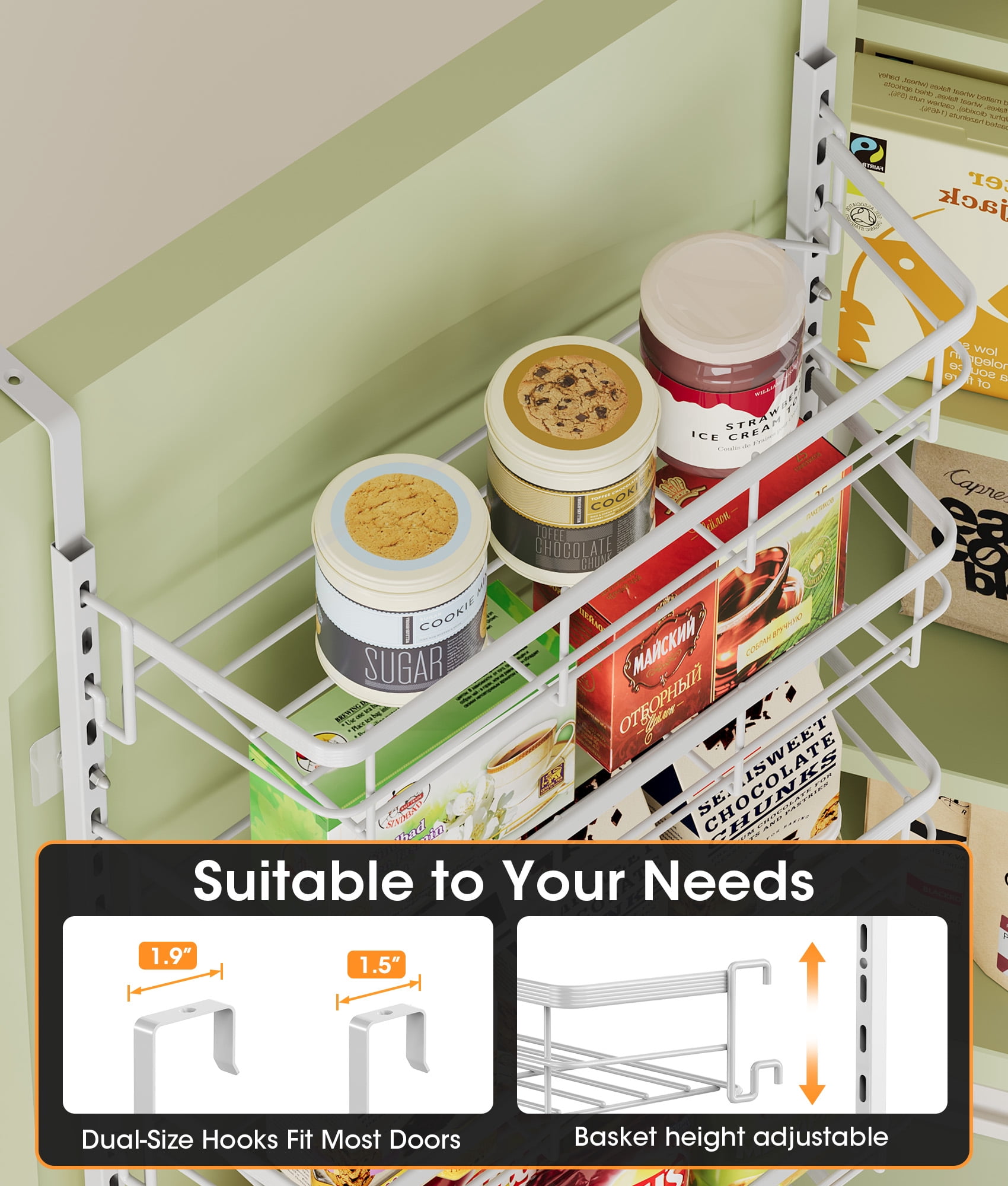 8-Tier Adjustable Over the Door Pantry Organizer with 2 Sets Hooks Fits Most Doors, Hanging Spice Rack for Pantry Door Organizer And Storage, White