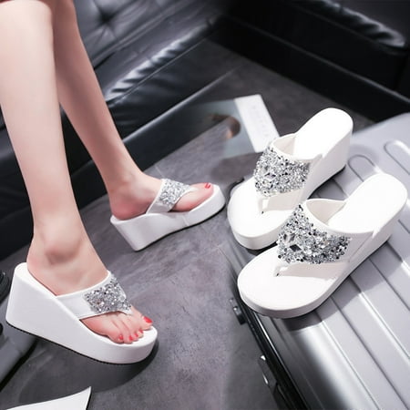 

Summer Women s Slippers Rhinestone Wedges Flip Flops Fashion Clip Toe Beach Shoe White 5.5