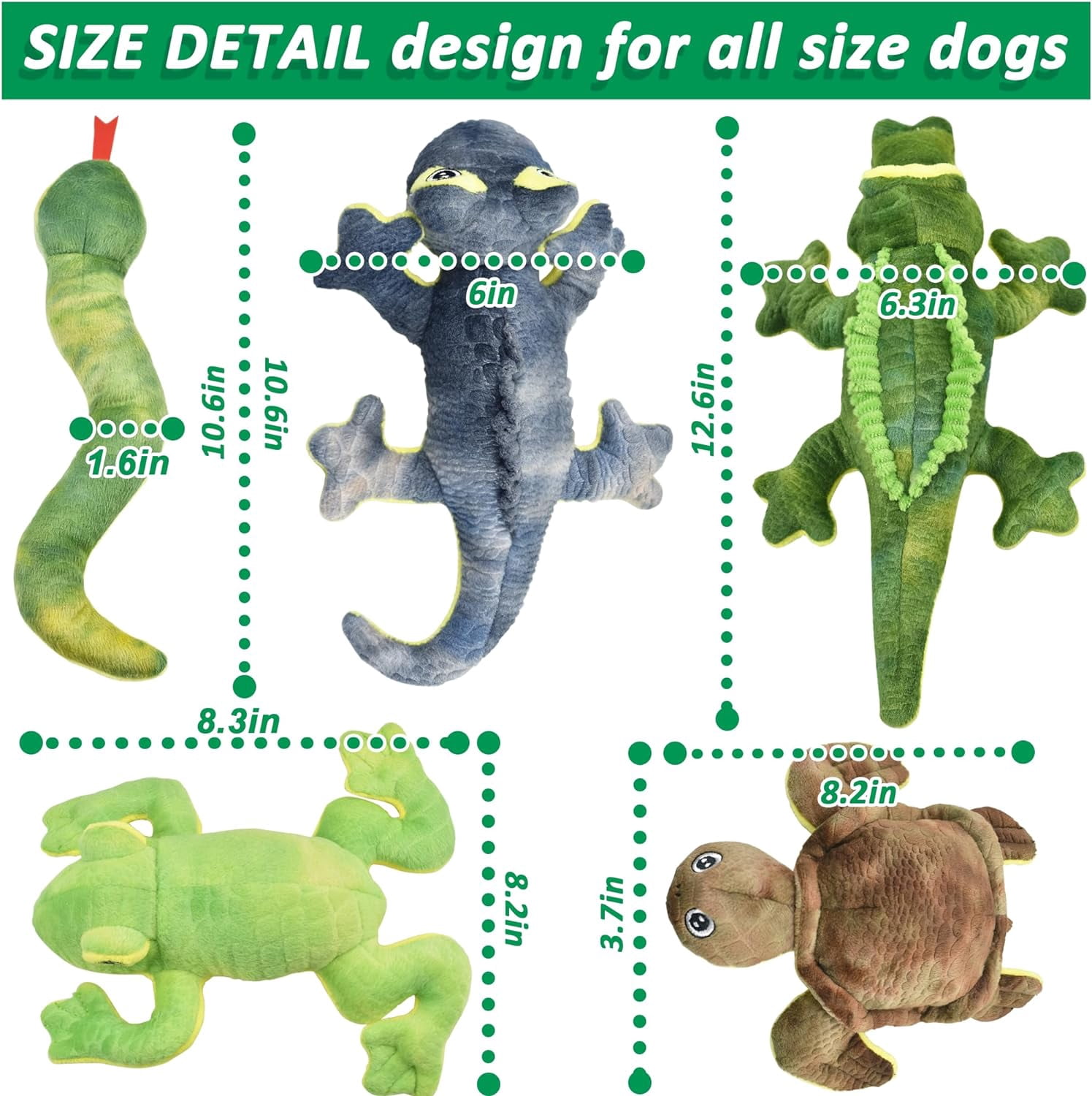 LECHONG Christmas Dog Toys for Aggressive Chewers, Woodland Series Chewable 5-Piece Stuffed Animal Toys Bundle with Alligator, Frog, Turtle, Lizard, Snake for Chewing (5 Pack)