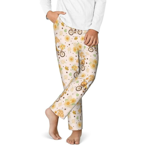 Gukieu Cute Bee Gnome1 Print Youth Home Trousers, Elastic Waistband with Pockets for Home and Outing, Suitable for Children Aged 5-16-XS(5-6)