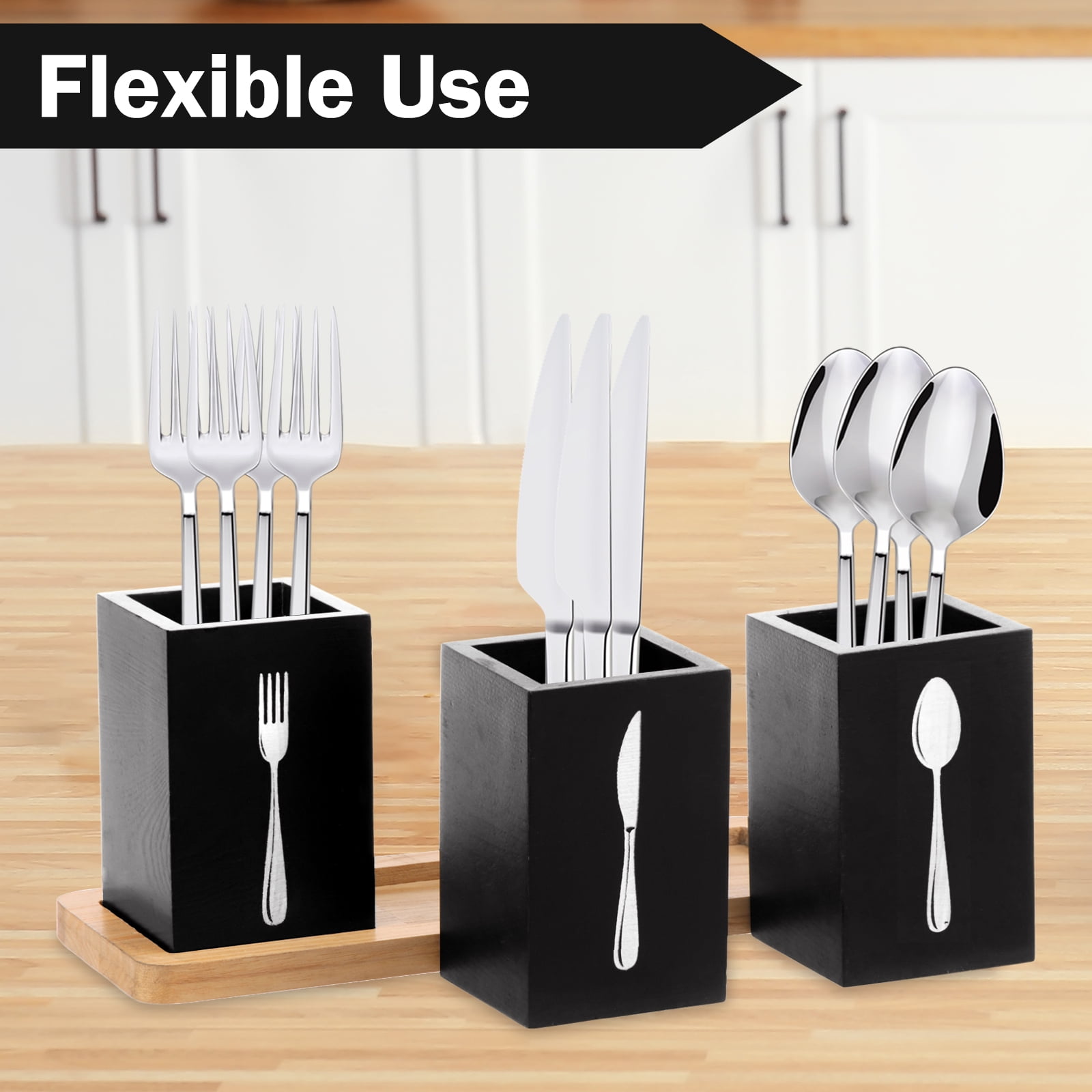 Tzdxfgl Wood Utensil Holder for Kitchen Counter, 3 Compartments Silverware Organizer Caddy, Black