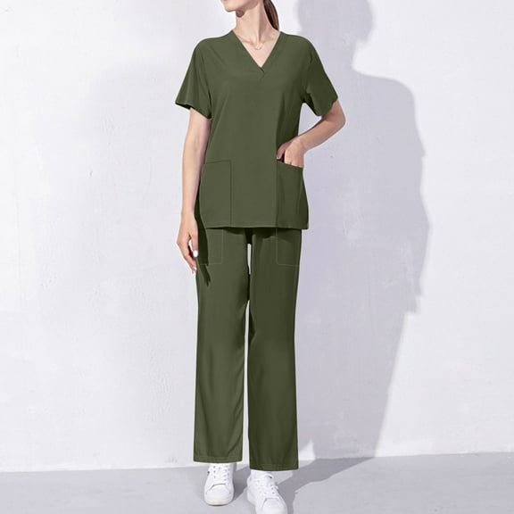 Cavosen Womens Nursing Scrub Set Green 2 Piece Outfit with Pocket Stretch Soft Nurse Uniform Short Sleeve V-Neck Long Pants Workwear Solid Yoga Loungewear Comfortable Athletic L