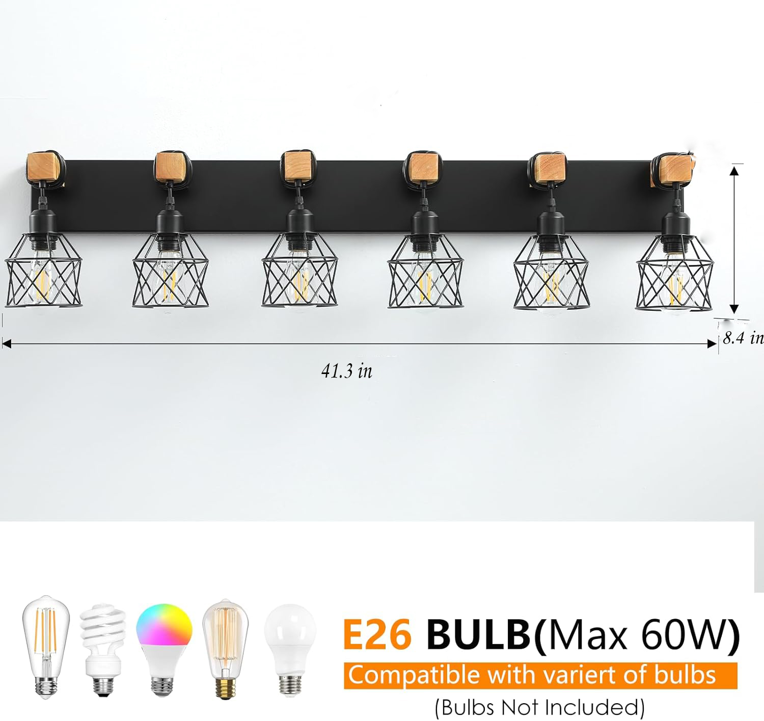 Farmhouse Vanity Light Fixture,6-Light Bathroom Lighting,Black Industrial Wood Wall Light Over Mirror with Metal Shade,LED Bulbs Not Included