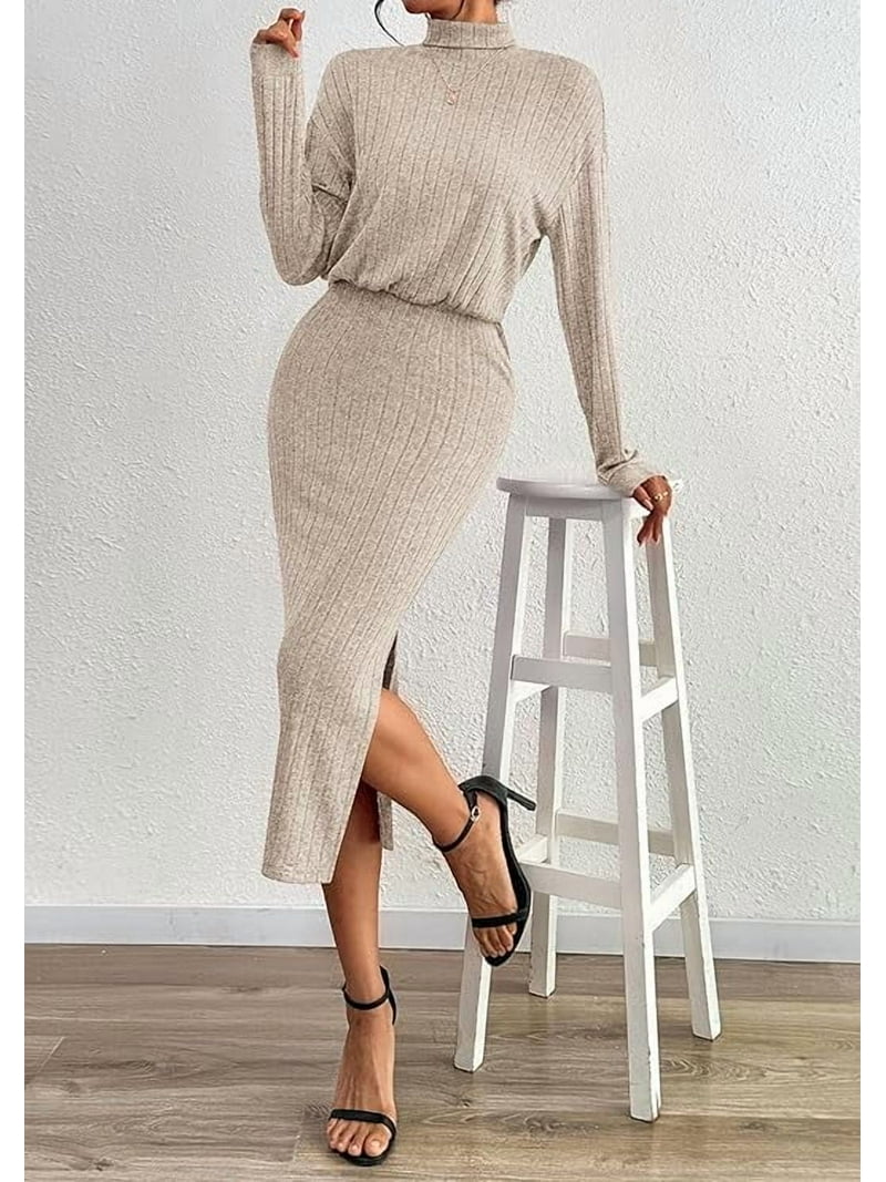 PRETTYGARDEN Turtle Neck Dresses for Women Fall Knit Outfits Slit Elastic  Waist Long Sleeve Bodycon Midi Sweater Dress - Walmart.com