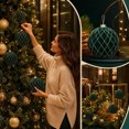 thumbnail image 2 of Flocked Christmas Ball Ornament, 6-Inch Green Plastic Bauble with Gold Thread Pattern for Tree and Party Decor, 2 of 10