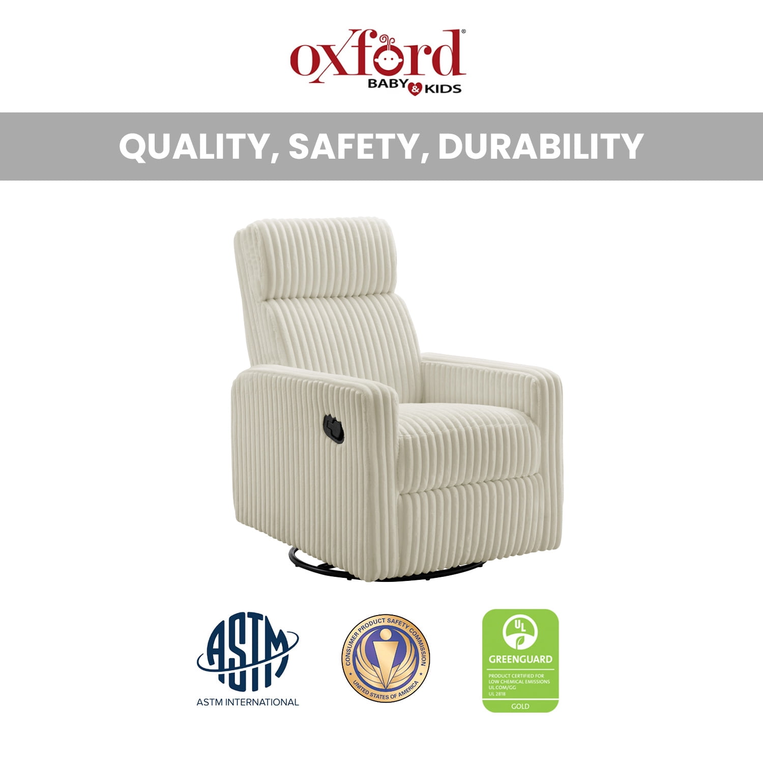 Oxford Baby Layton Upholstered Glider Recliner Rocking Chair 360° Swivel for Nursery and Living Room – Corduroy Pearl White​