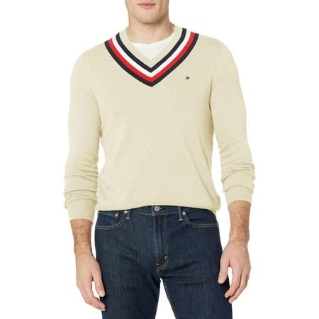 Tommy Hilfiger Stripe V Neck Sweater, B2561 Snow White Heather, | Walmart Canada