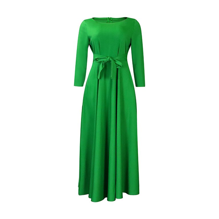 safuny Women's Plus Size Tea Length A Line Dress Solid Color Round Neck  Winter Elegant Casual Daily Bandage Trendy Holiday Long Sleeve Autumn Dresses  Green S - Walmart.com