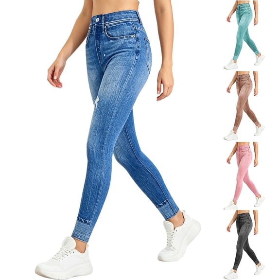 Favoffer Women's Imitation Denim Yoga Pants High Waist Tight Fit Hip Lifting Tummy Control Stretch Casual Trousers Outdoor Fitness Activewear