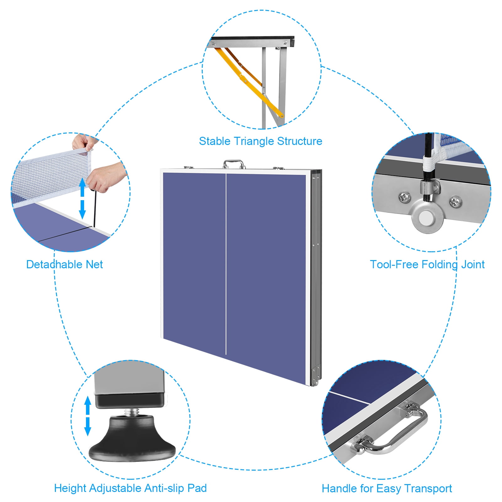 POVANLI 6FT (72''L x 36''W x 30''H) Mid-Size Table Tennis Table Foldable & Portable Ping Pong Table Set with Net and 2 Pin Pong Paddles and 3 Balls for Indoor Outdoor Game & Home entertainment (Blue)