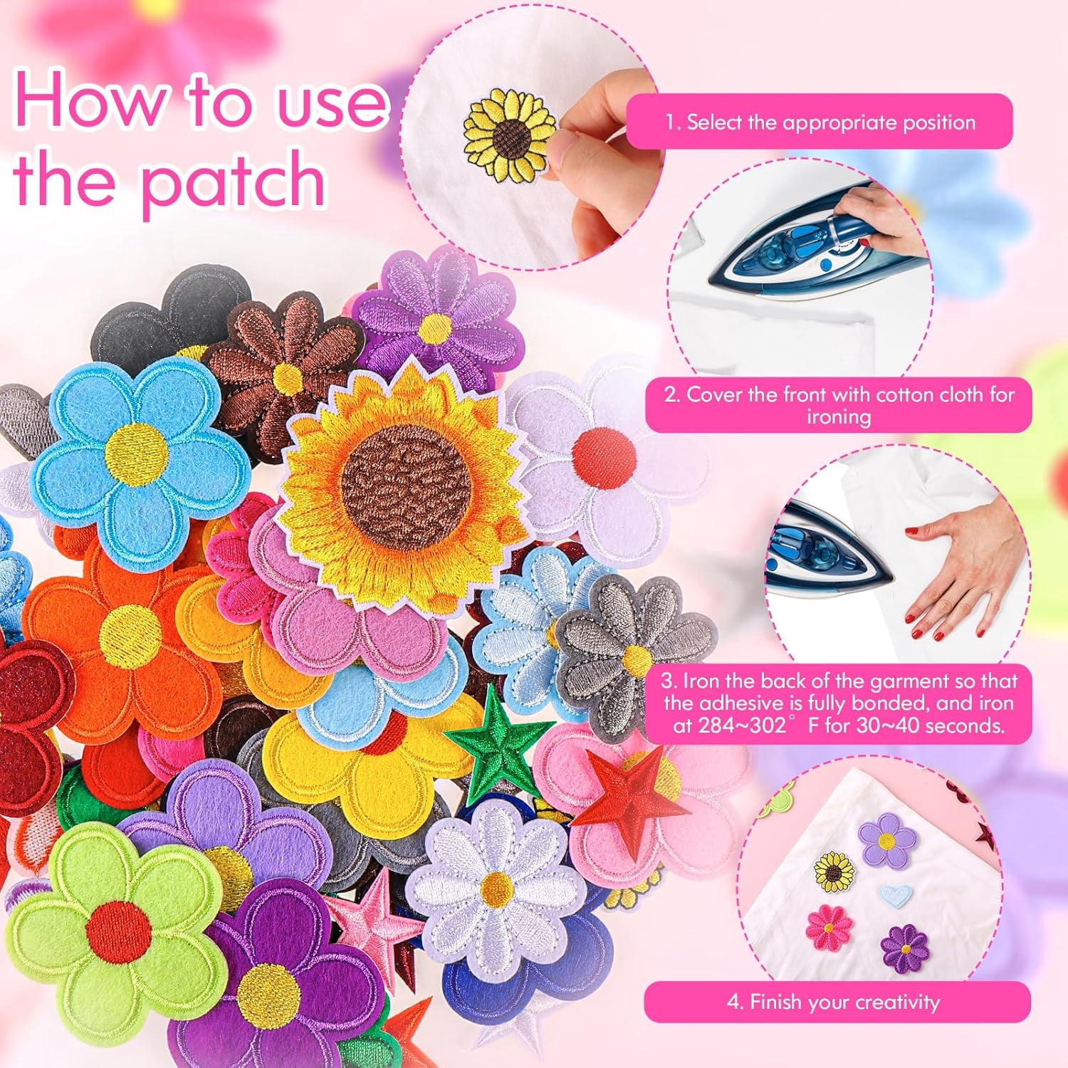 71 PCS Iron on Patches Versatile Embroidered Iron-On Patch Set for Clothes, Bags, and DIY Crafts Include Sunflowers, Hearts, Flowers, and More Pattern