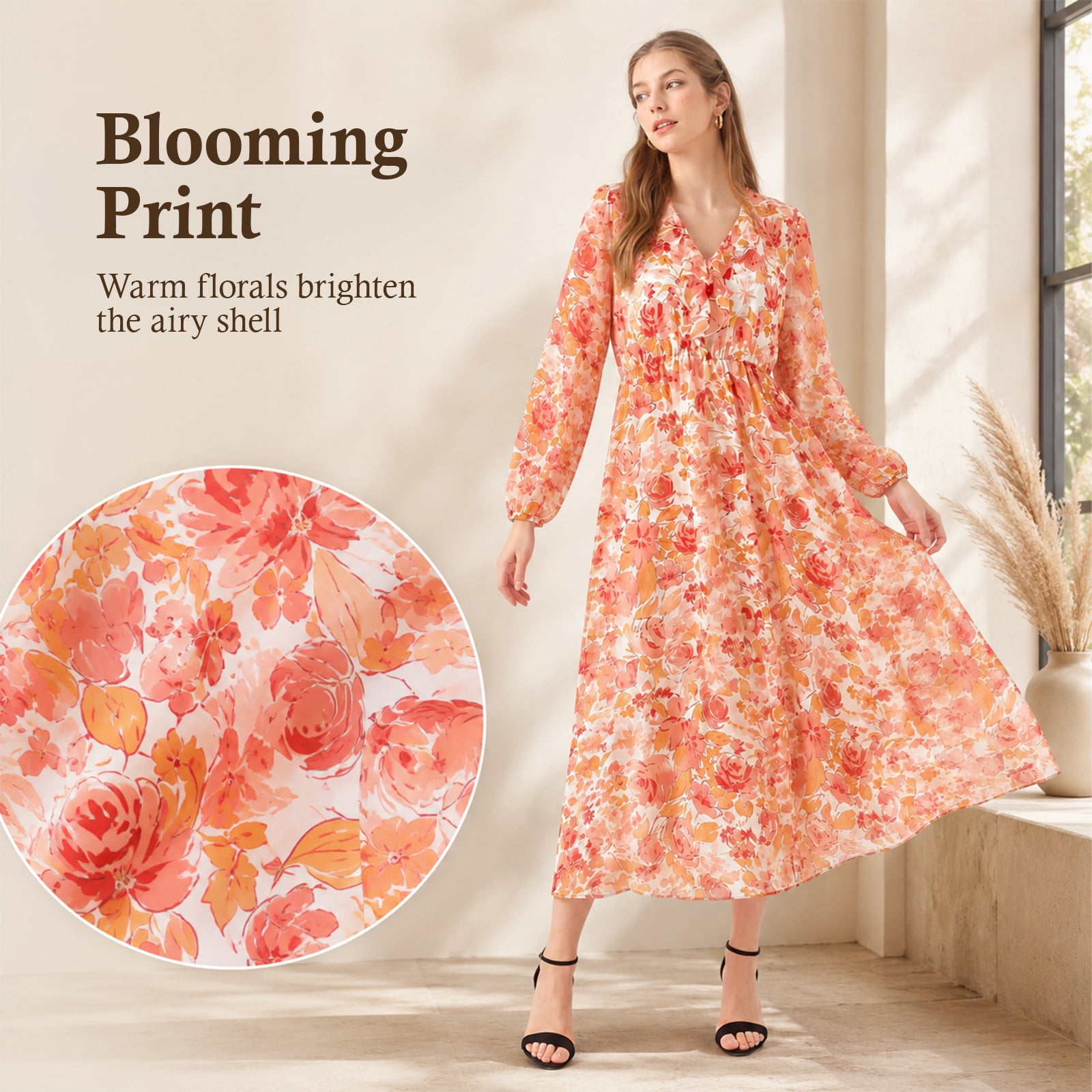 Alvantor Women's Floral V-Neck Long Sleeve Midi Dress, Red Multi Flower Print